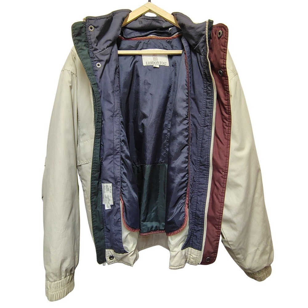 Vintage London Fog Mens Beige Bomber Jacket Large Removable Liner Concealed Hood - Picture 4 of 8